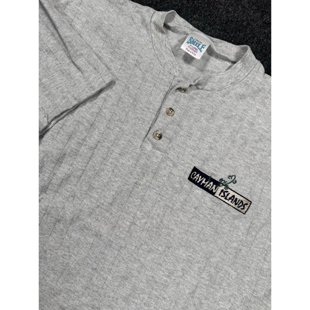 VTG Cayman Islands Henley Shirt XL Gray Made In USA Embroidered Tourist Tee